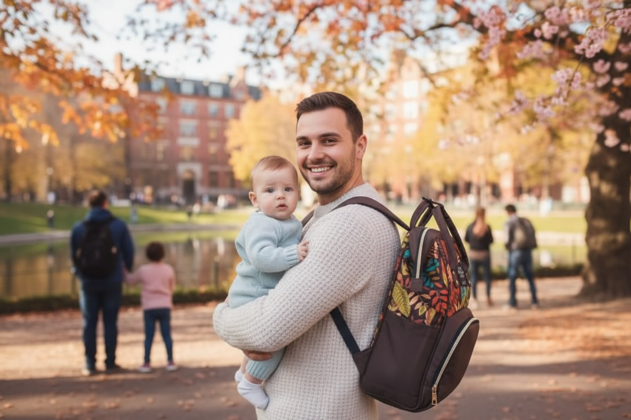 papa avec bébé dans ses bras et le sac à langer sur son dos