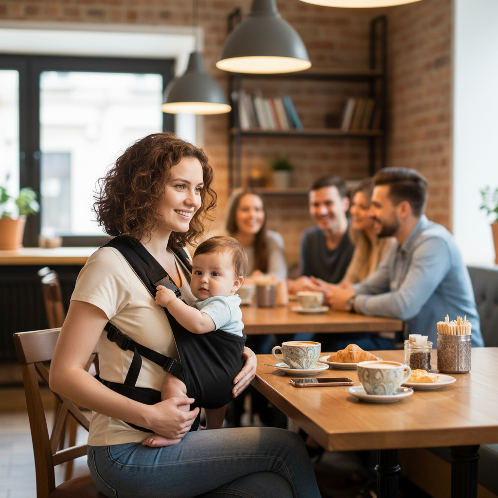 bebe dans Echarpe de portage porter avec elegance au cafe entre amis