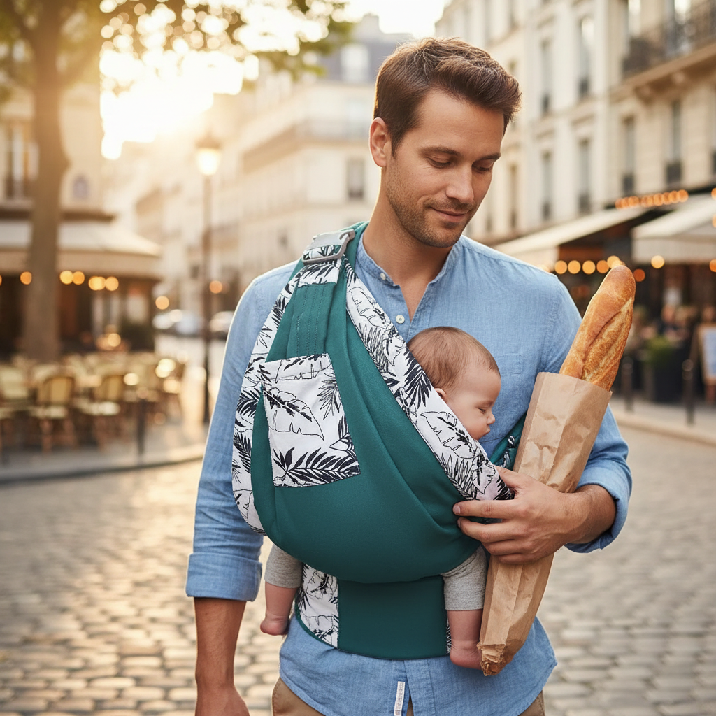 bebe dans echarpe de portage et papa baguette a la main