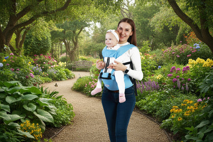 bebe dans son porte bebe face au monde en balade dansun cadre luxuriant avec maman