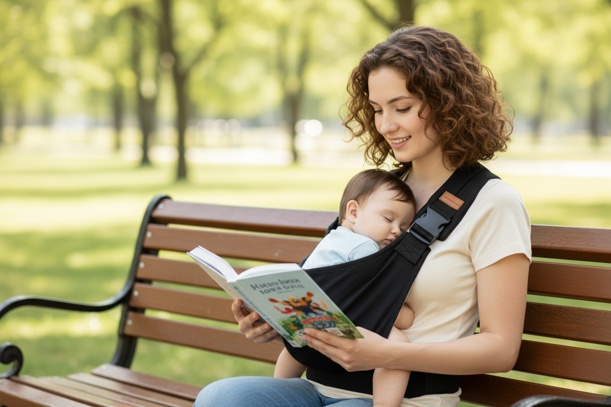 bebe dort dans son echarpe de portage et maman lit un livre