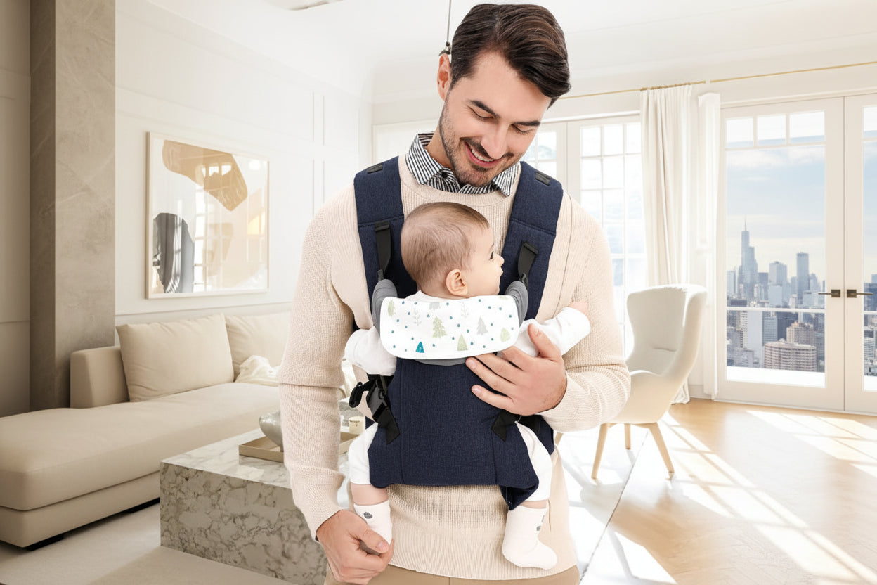 bebe en securite dans son porte bebe contre papa