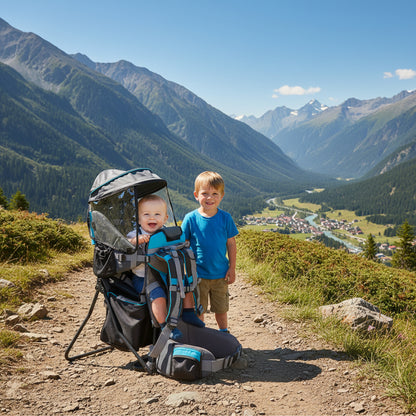 bebe heureux dans son porte bebe bleu son grand frere ses cotés en montagne