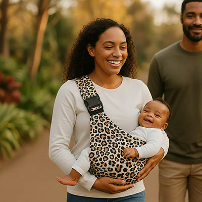 face au monde en echarpe de portage leopard