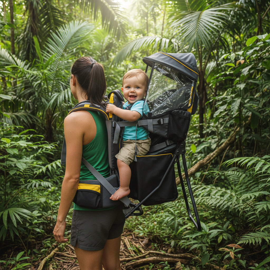 maman avec le porte bebe randonnee jaune et noire et son bebe heureux en foret tropicale