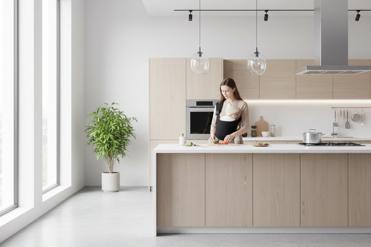 maman et bebe dans le porte bébé preparant le repas