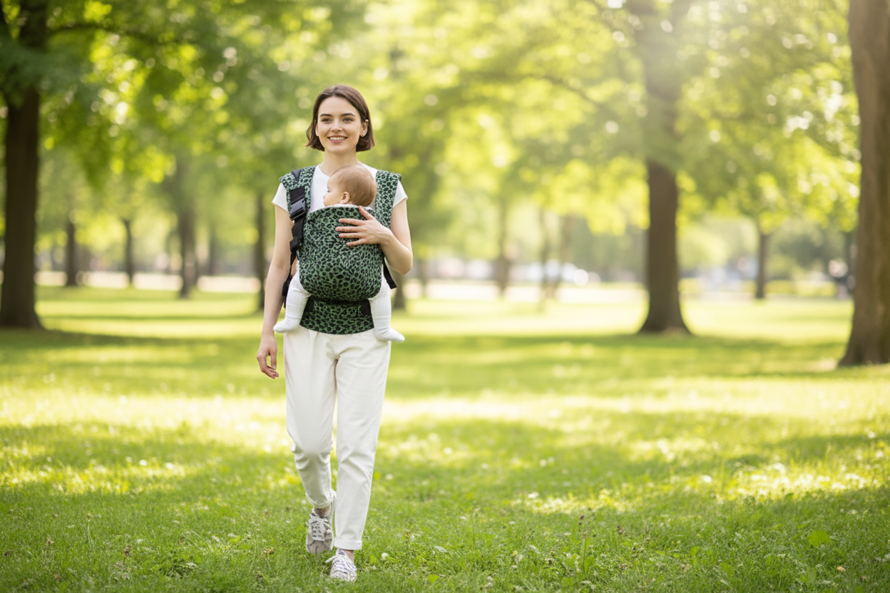 maman et bebe dans son porte bébé leopard tendance dans un parc