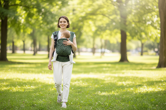 maman et bebe dans son porte bébé leopard tendance dans un parc