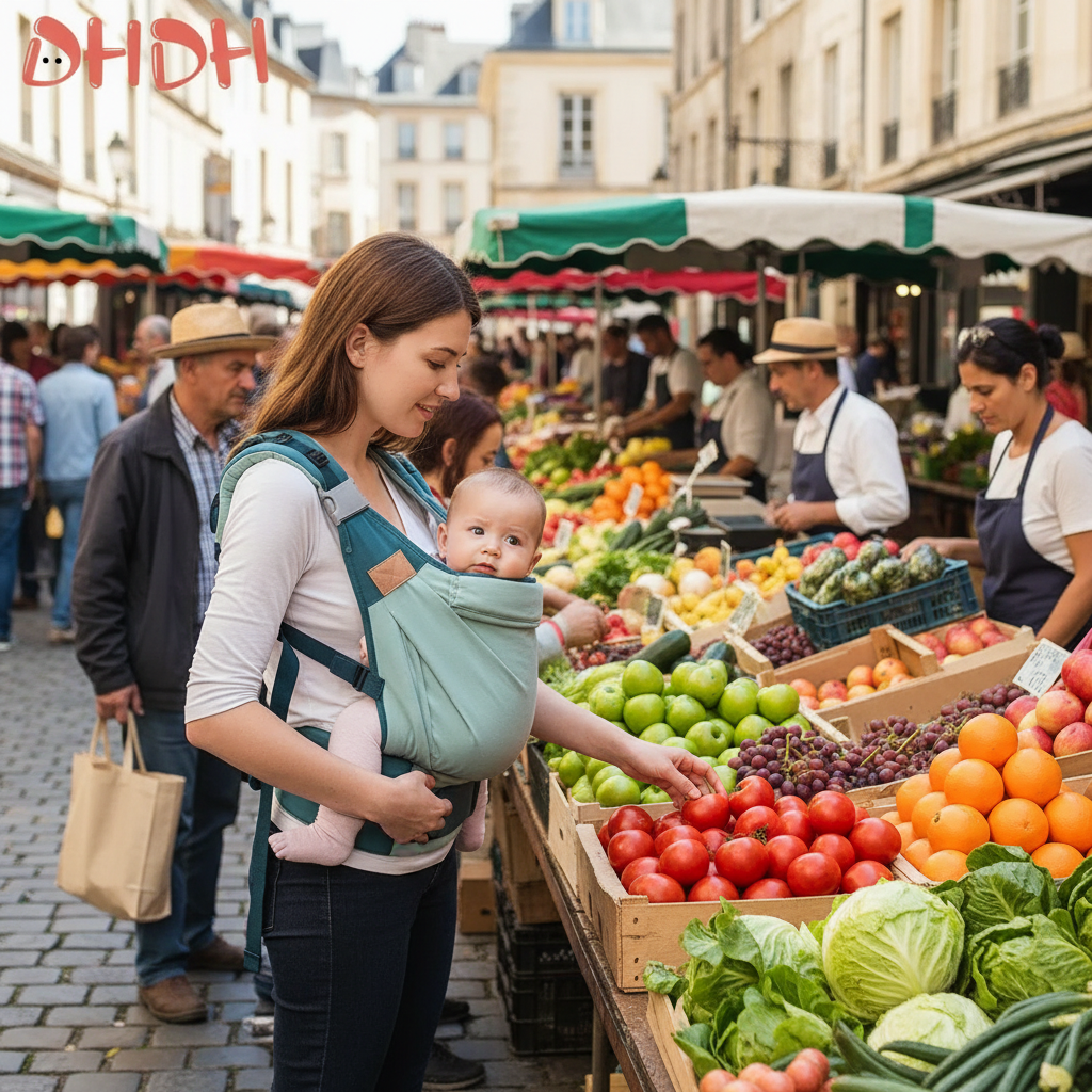 maman fait les courses avec bebe dans son echarpe de portage au marché