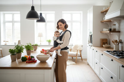 maman heureuse avec son porte bebe preparant le repas