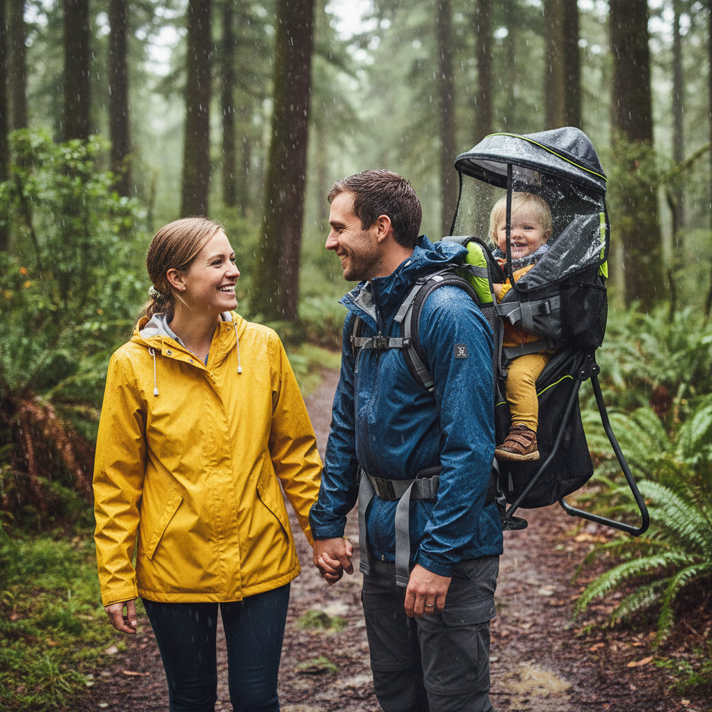 maman papa et bebe dans sonporte bebe proteger de la pluie en foret