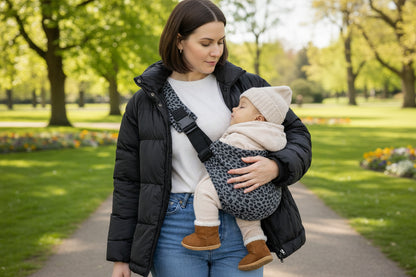 maman qui se balade avec bebe dans son porte bébé dans un parc
