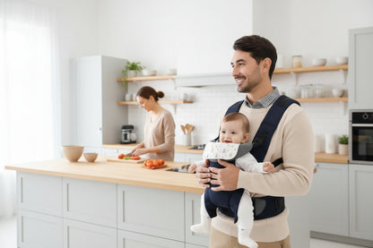 papa avec bebe dans le porte bebe dans la cuisine avec maman
