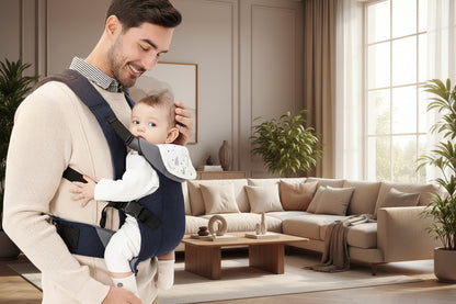 papa et bebe dans le porte bebe pour un calin dans un beau salon moderne lumineux 