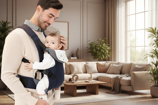 papa et bebe dans le porte bebe pour un calin dans un beau salon moderne lumineux 