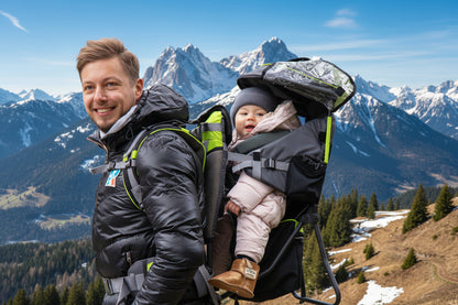 papa et bebe dans son porte bebe randonnee vert 