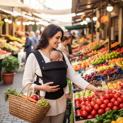 porte bébé physiologique noir bebe contre  maman au marché