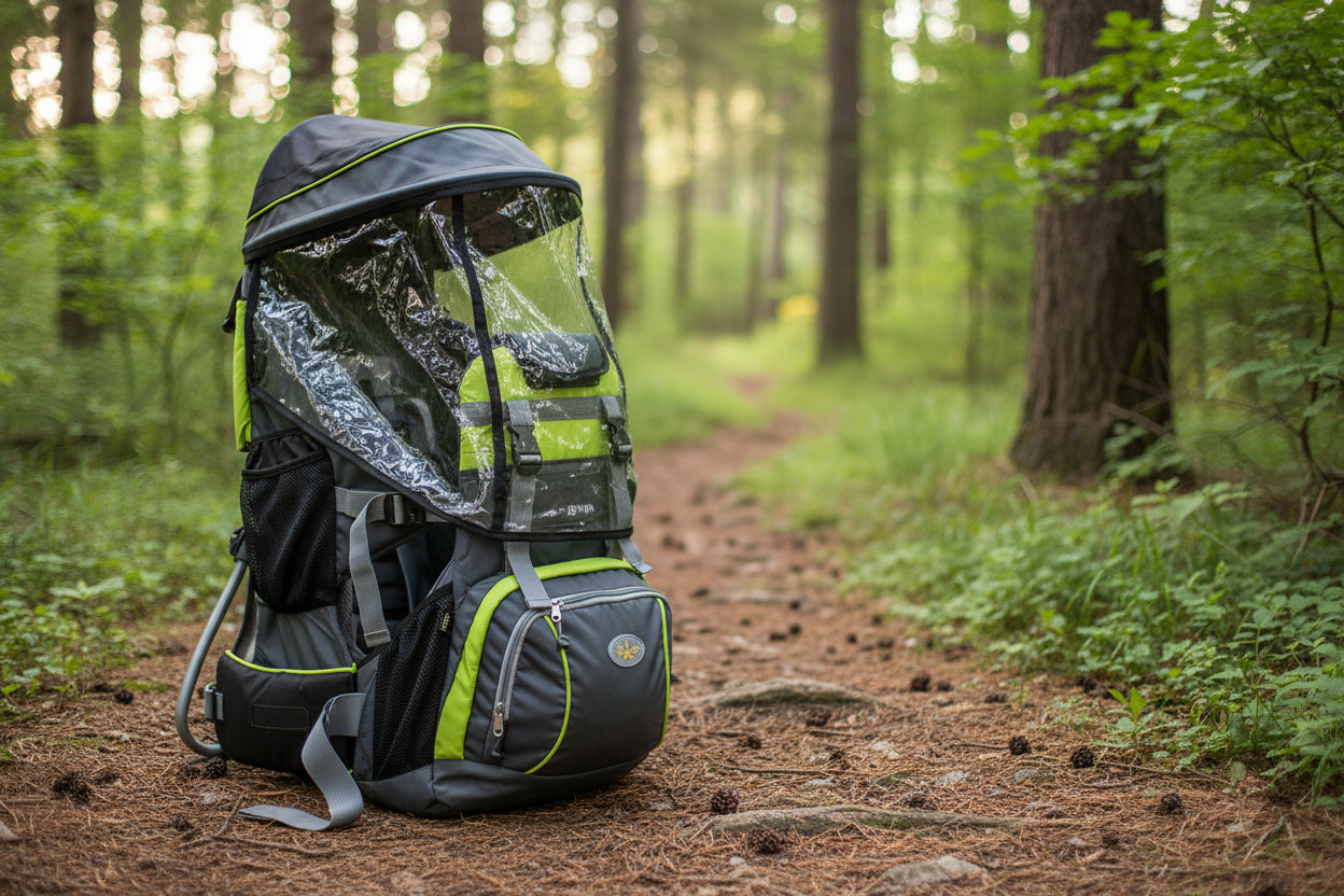 porte bebe randonnee vert et protege pluie debout sur un chemin de foret